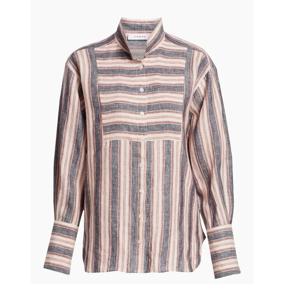 Frame Linen Striped Bib Button Down Shirt Oversized Gray Pink Cream Size XS - Picture 3 of 16